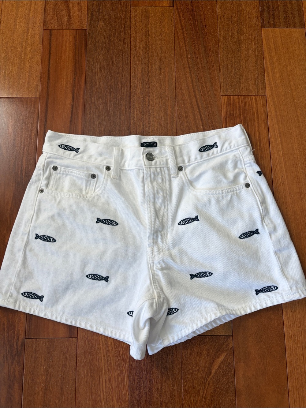 J. Crew White Denim Shorts with Navy Fish Embroidery